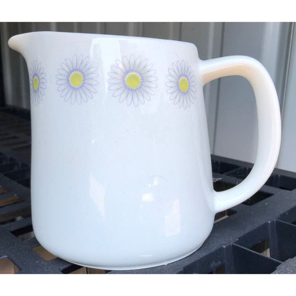 ARABIA FINLAND LARGE 6" WHITE PITCHER CREAMER PURPLE & YELLOW DAISY